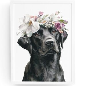 Watercolor Labrador Retriever with Flower Crown Portrait Wall Art Print Unframed